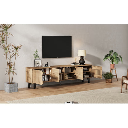 180 x 40 x 55 cm TV-Schrank, Lowboards  in Originalholzfarbe, 8 separate Ablagefächer, TV-Ständer, TV-Konsolen-Entertainment-Center passend für 70-Zoll-Fernseher, geeignet für Wohnzimmer