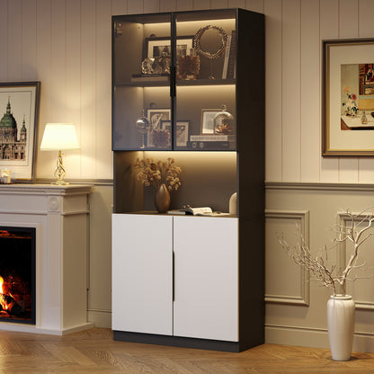 Moderne Vitrine 80x30x200cm Weiß/Schwarz - Glasschrank mit LED, Einstellbare Helligkeit & Farbtemperatur, Sammler-Bücherregal mit Glastüren