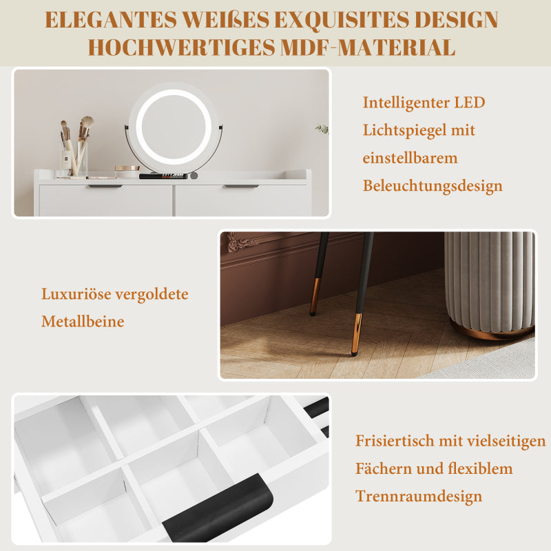 Weißer Schminktisch(Ohne Stühle), Enthält ausziehbare Seitenschränke, mit Spiegel einstellbare Helligkeit, mit 5 Schubladen, Großer Frisierkommode Schlafzimmermöbel Vanity, Weiß