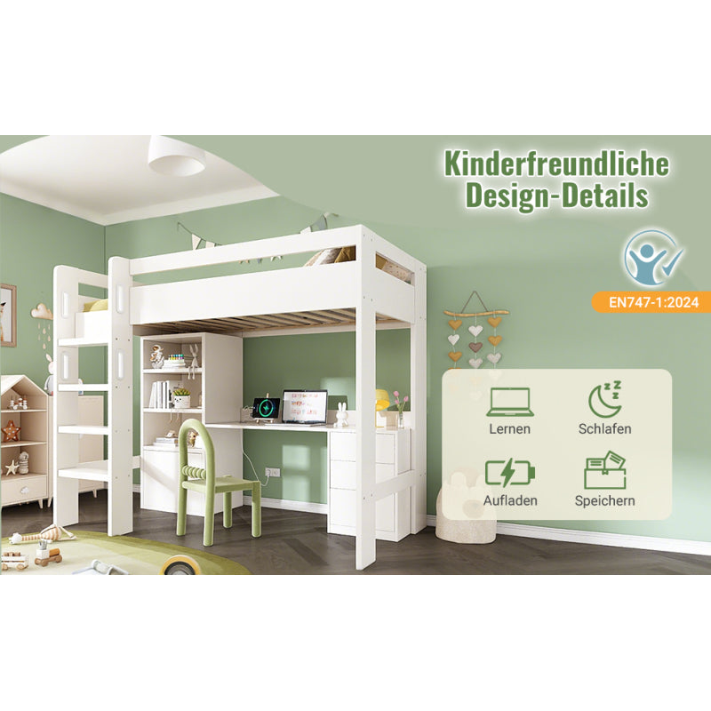 Kinderbett Hochbett mit USB-C Schreibtisch, Kleiderschrank und Aktenschrank, Jugendbett  Einzelbett mit Treppe und Lattenrost, Stauraum,90×200, Ohne Matratze