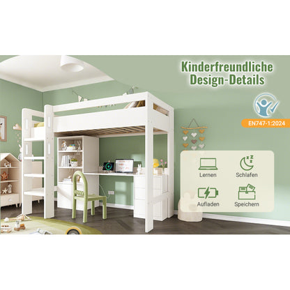 Kinderbett Hochbett mit USB-C Schreibtisch, Kleiderschrank und Aktenschrank, Jugendbett  Einzelbett mit Treppe und Lattenrost, Stauraum,90×200, Ohne Matratze