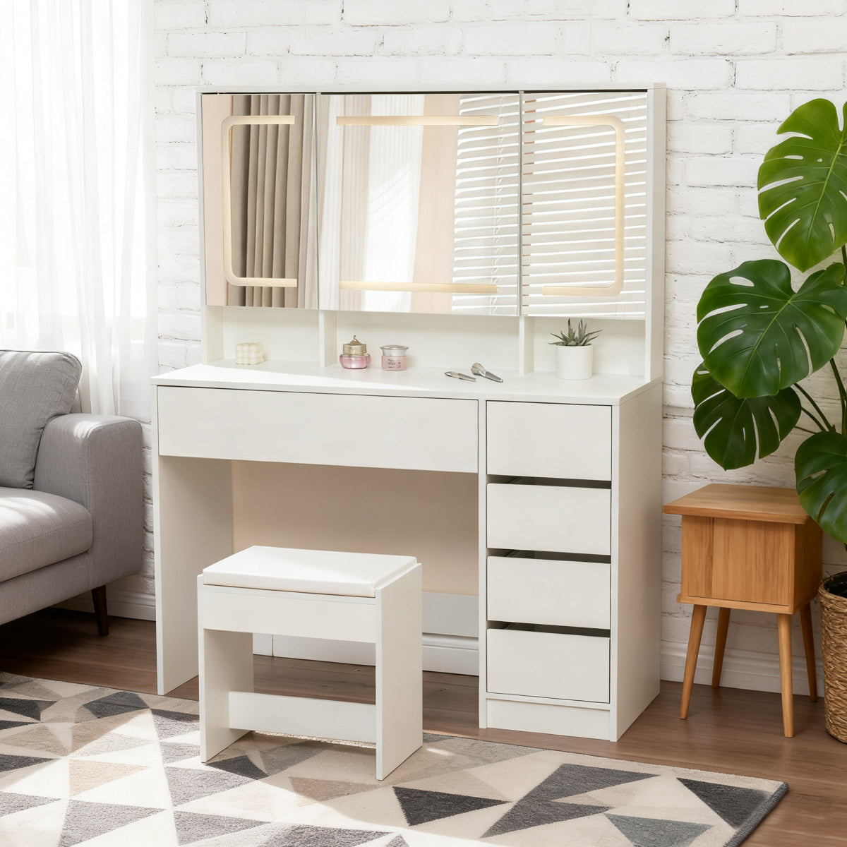 Schminktisch Frisiertisch Kosmetiktisch mit Hocker Beleuchtung Spiegel Weiß