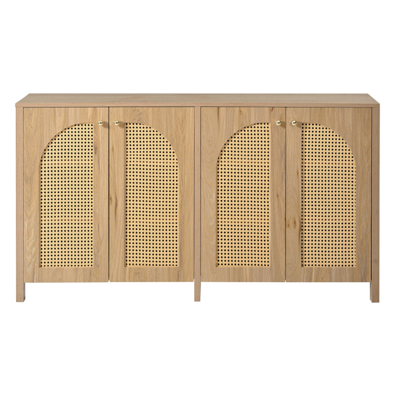 Modernes Sideboard im minimalistischen Stil 4-Rattantür, Metallgriff einfaches Buffetschrank für Esszimmer, Wohnzimmer, Küche (Naturholz)