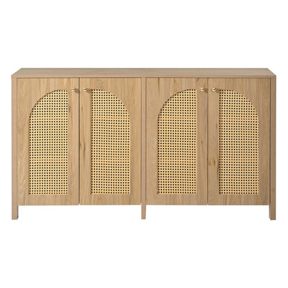 Modernes Sideboard im minimalistischen Stil 4-Rattantür, Metallgriff einfaches Buffetschrank für Esszimmer, Wohnzimmer, Küche (Naturholz)
