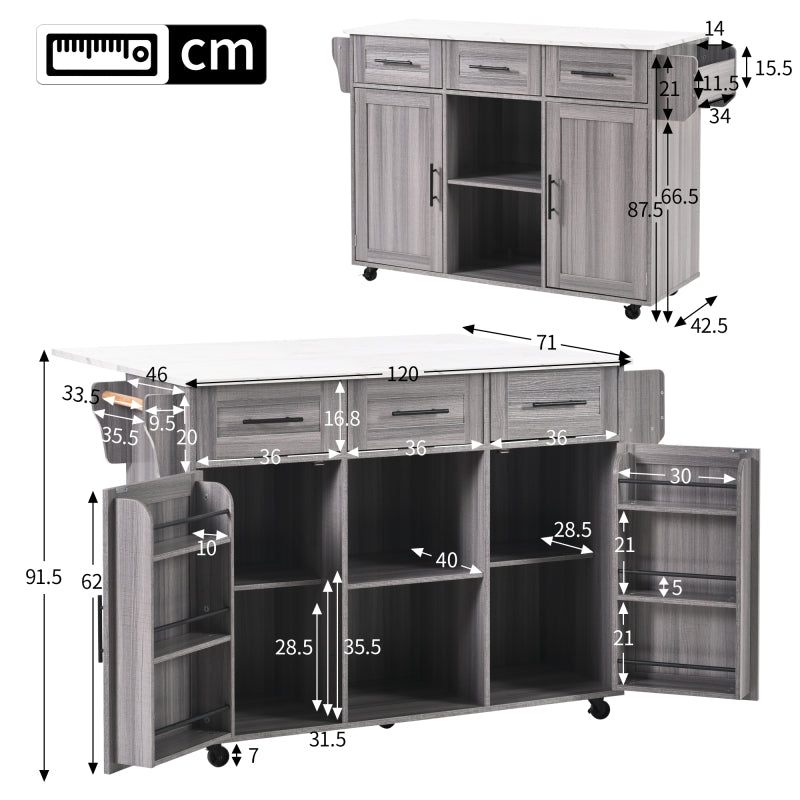 139x46(71)x91.5 cm großer Servierwagen/Beistellschrank, graues Massivholz-Furnier für den Korpus + weiße Marmor-Furnierdekoration für die Arbeitsplatte, Schrank/klappbare Arbeitsfläche/Stauraumtüren/r