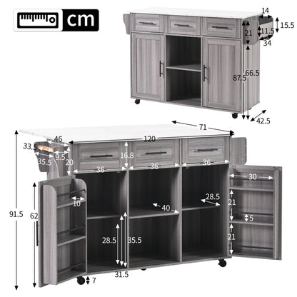 139x46(71)x91.5 cm großer Servierwagen/Beistellschrank, graues Massivholz-Furnier für den Korpus + weiße Marmor-Furnierdekoration für die Arbeitsplatte, Schrank/klappbare Arbeitsfläche/Stauraumtüren/r
