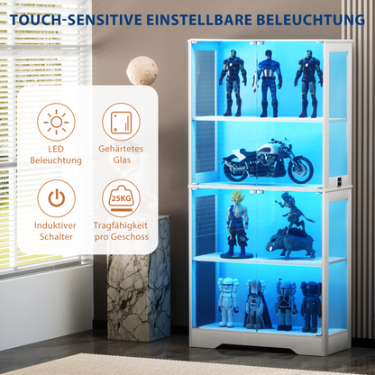 Glasvitrine Weiß 165 cm hoch, Vitrinenschrank mit LED (3 Farben) & Bewegungssensor, 4 verstellbare Böden