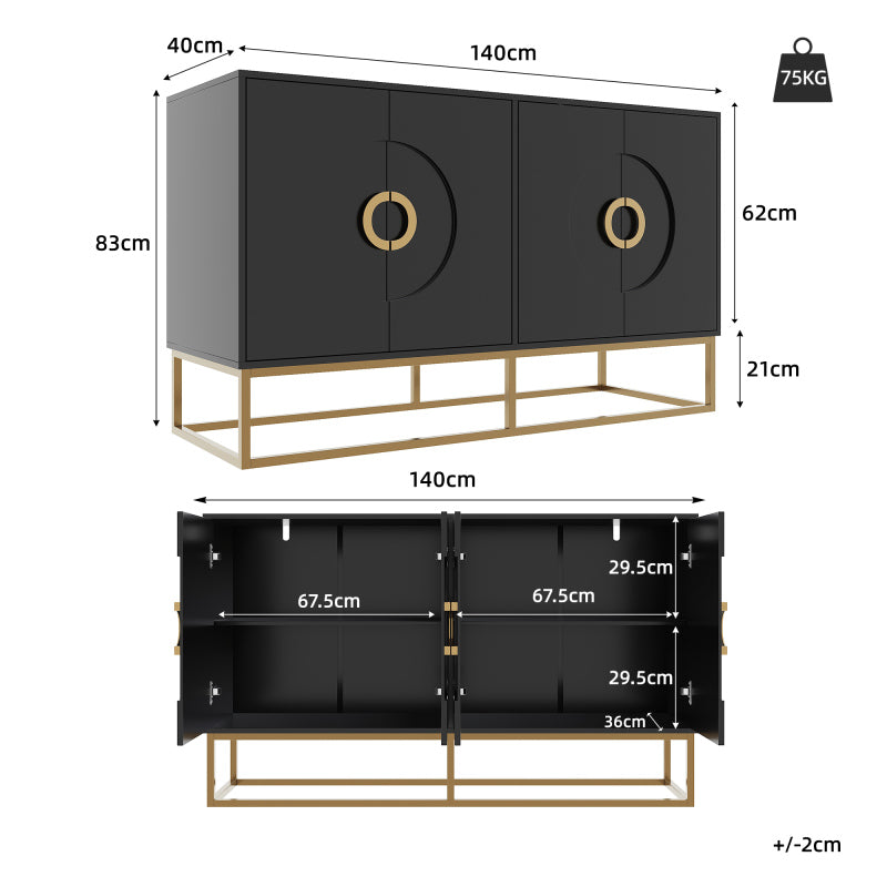 Esszimmerschrank (140×40×83cm), Esszimmer-Wohnzimmer-Aufbewahrungsschrank, einzigartiges Design, Schranktürdesign, freistehender Schrank, Minimalistisches Sideboard,Rundzugring Schranktür,Schwarz