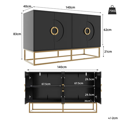 Esszimmerschrank (140×40×83cm), Esszimmer-Wohnzimmer-Aufbewahrungsschrank, einzigartiges Design, Schranktürdesign, freistehender Schrank, Minimalistisches Sideboard,Rundzugring Schranktür,Schwarz