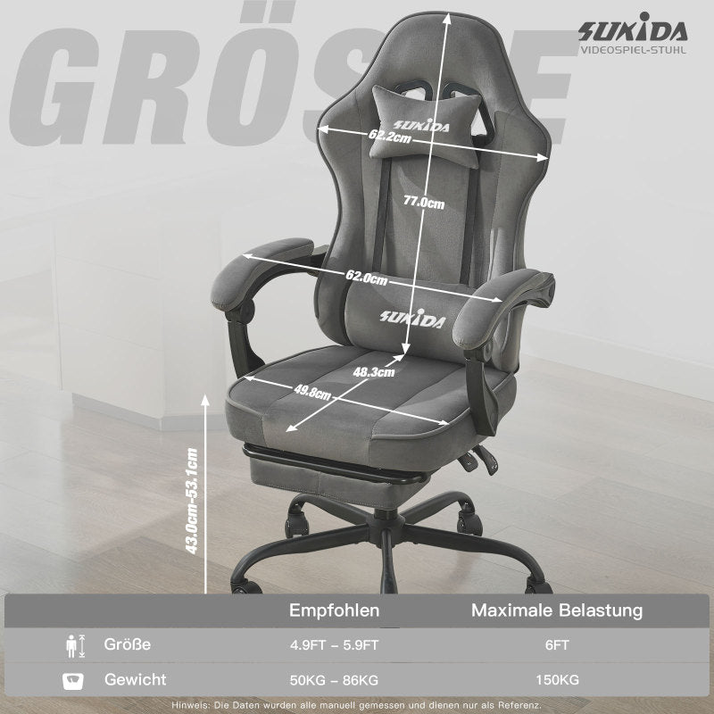 Gaming Stuhl Stoff, Ergonomischer Gaming Chair mit Fußstütze, Verstellbarer Racing Computerstuhl mit Lordosenstütze, Grau Ergonomisch PC-Stuhl