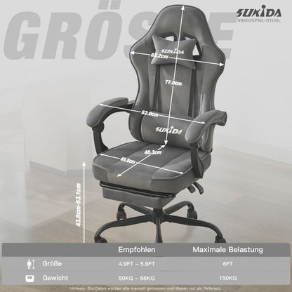 Gaming Stuhl Stoff, Ergonomischer Gaming Chair mit Fußstütze, Verstellbarer Racing Computerstuhl mit Lordosenstütze, Grau Ergonomisch PC-Stuhl