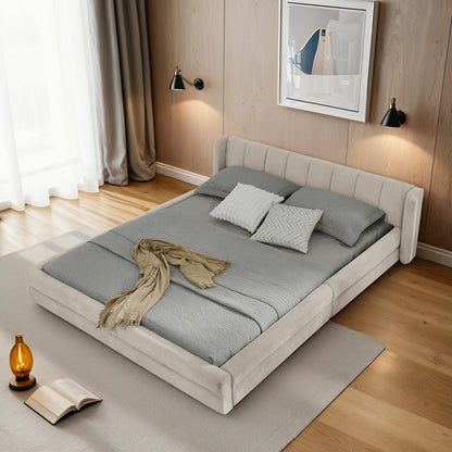 Doppelbett 160×200 cm, Chenille Stoff, komfortable Rückenlehne, robustes Eukalyptus- und Eisengestell, einfach zu montieren, Beige (ohne Matratze)