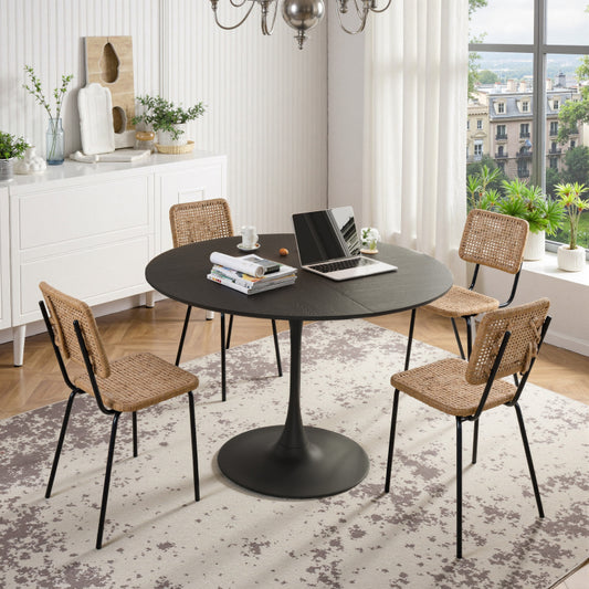 47.24"Modern Round Dining Table,Four Patchwork Tabletops with Black Color Solid Wood Grain Table Top,Metal Base Dining Table, End Table Leisure Coffee Table