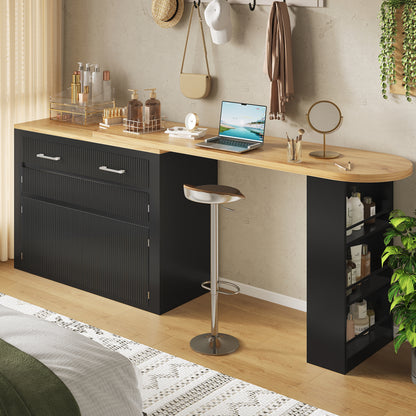 Ausziehbarer Bartisch Schwarz (137-215cm) - Moderner Teleskop-Hochtisch mit Schublade & Regalen - Bewegliche Kücheninsel & Bistro Table
