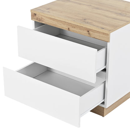 Nachttisch, Nachtschrank mit zwei Schubladen, Nachtkommode, Funktion von Aufbewahrung, für Schlafzimmer, E1-Spanplatte, weiß+oak