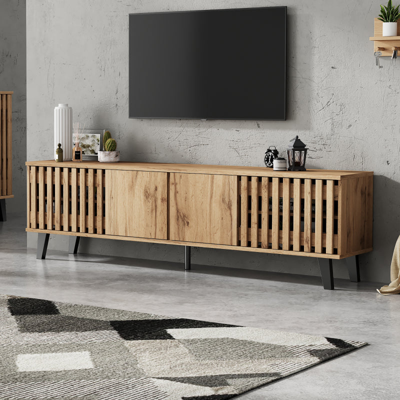 180 x 40 x 55 cm TV-Schrank, Lowboards  in Originalholzfarbe, 8 separate Ablagefächer, TV-Ständer, TV-Konsolen-Entertainment-Center passend für 70-Zoll-Fernseher, geeignet für Wohnzimmer