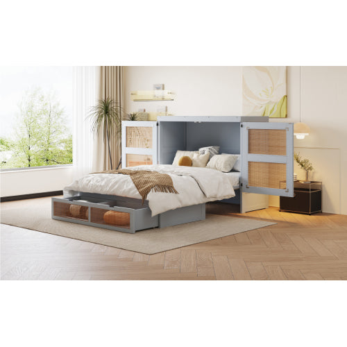 Schrankbett 140 x 200 cm, Wandbett mit Lattenrost, Wandklappbett, Rattan-Design, Holzbetten, Jugendbetten, Einzelbetten, Grau