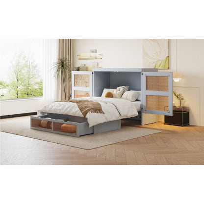 Schrankbett 140 x 200 cm, Wandbett mit Lattenrost, Wandklappbett, Rattan-Design, Holzbetten, Jugendbetten, Einzelbetten, Grau