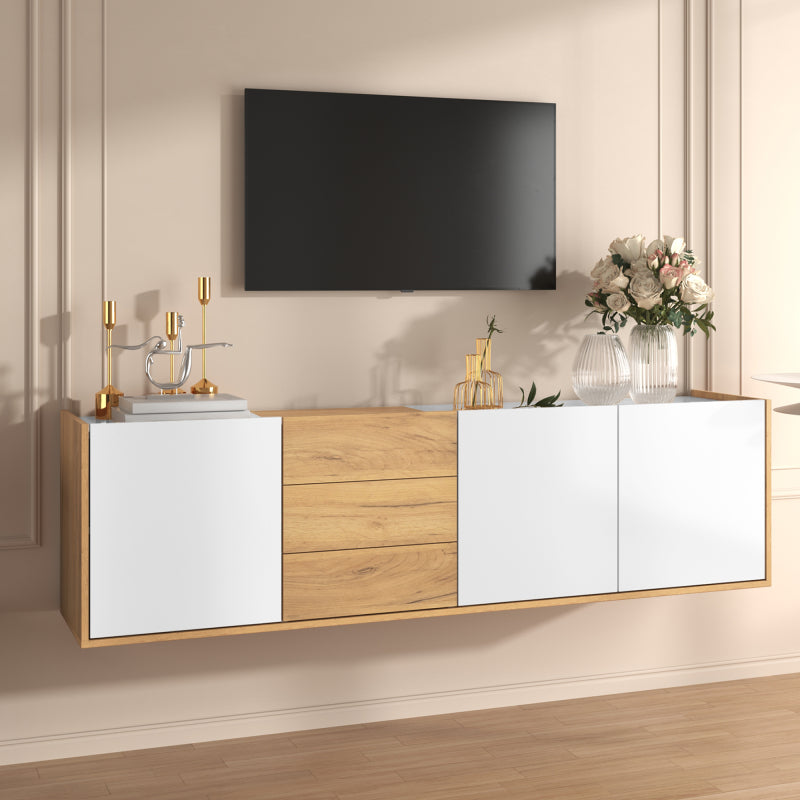 TV-Schrank, niedriges Paneel in Weiß und Holzfarben, TV-Möbel, die an die Wand gehängt oder auf den Boden gestellt werden können