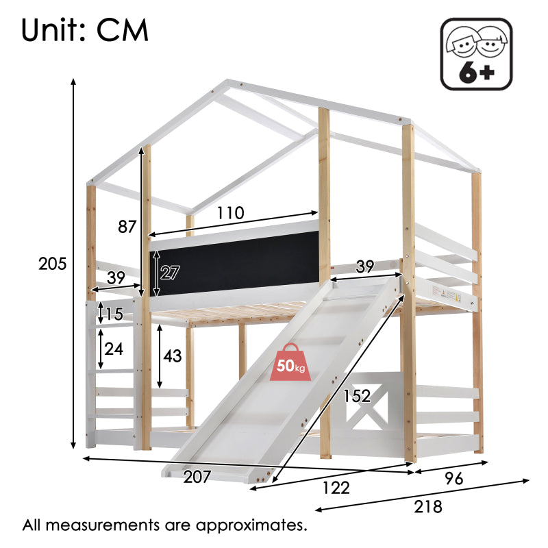 Kinderbett Baumhaus mit Rutsche & Leiter 90 x 200 cm, Hochbett für Kinder– 2x Lattenrost- Natur & Weiß