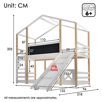 Kinderbett Baumhaus mit Rutsche & Leiter 90 x 200 cm, Hochbett für Kinder– 2x Lattenrost- Natur & Weiß