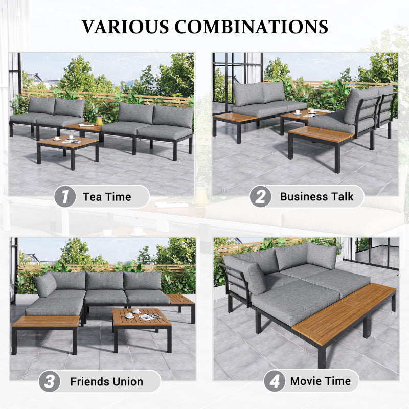 Garten-Lounge-Set (2 Zweisitzer, 2 Beistelltische, 1 Tisch), Tischplatte aus massiver Akazie, Stoffbezug für Rückenlehne, grau(previous sku:HW00005AAE)