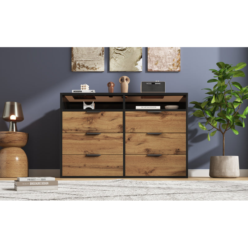 Kommode Sideboard aus Bernstein Glas, Sideboard mit Metallgriffen, Kommode mit 6 Schubladen und 2 Fächern , kippsicher, 120 x 40 x 80 cm, Eiche
