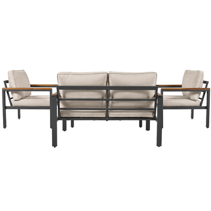 Loungeset, Gartenmöbel-Set mit Rahmen aus verzinktem Stahl, (breites Set, 4-teiliges Esstisch-Set, 1x 2-Sitzer-Sofa, 2x Einzelstühle, 1x Tisch), Akazienholz Tischplatte und Armlehnen,Beige