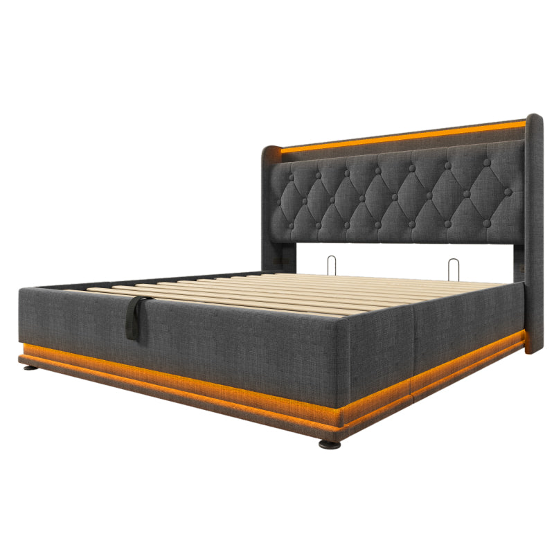 Polsterbett Doppelbett, 360-Surround-LED-Funktion, Drucktaste/App/Fernbedienung,160*200 cm,Grau Leinen-Material Hydraulisches Lagerbett, gepolstertes Kopfteil mit USB Typ-C Ladefunktion(Mit Matratze)