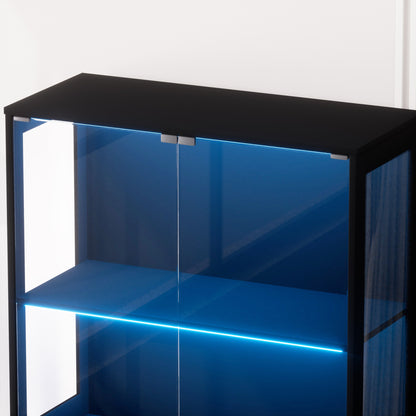 Glasvitrine Schwarz 165 cm hoch, Vitrinenschrank mit LED (3 Farben) & Bewegungssensor, 4 verstellbare Böden