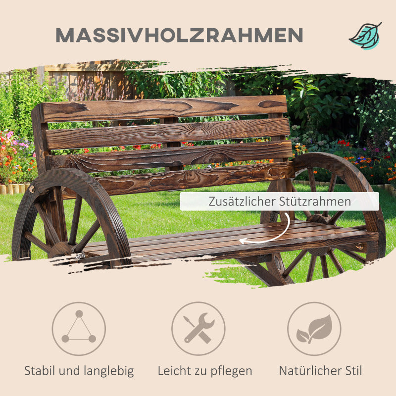 Gartenbank 2-Sitzer  Holzbank mit Wagenrad-Armlehnen im Landhausstil, Tannenholz, Braun