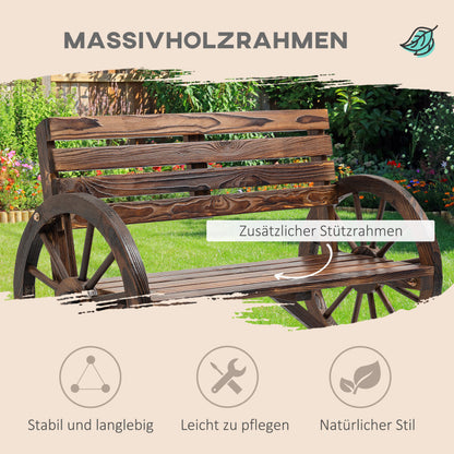 Gartenbank 2-Sitzer  Holzbank mit Wagenrad-Armlehnen im Landhausstil, Tannenholz, Braun