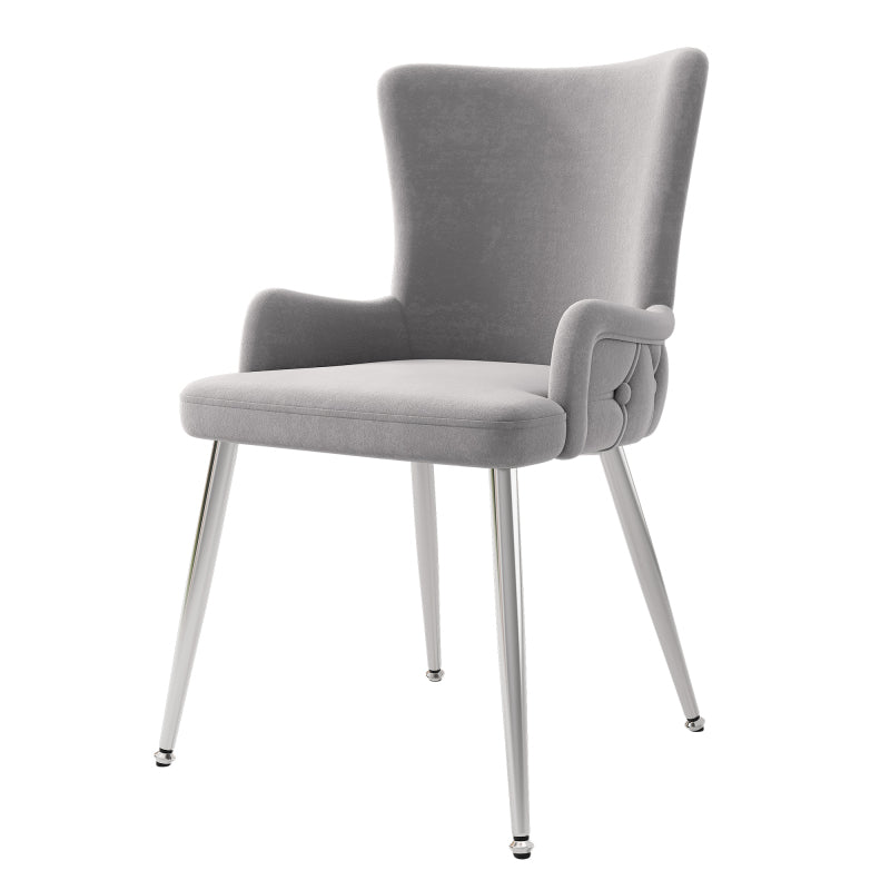 Samt-Esszimmerstuhl, 2er-Set, luxuriöser Wohnzimmer-Schlafzimmer-Loungesessel mit vier silberfarbenen Metallstützbeinen, Grau[OLD SKU:N634P184684G]