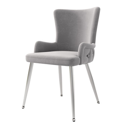Samt-Esszimmerstuhl, 2er-Set, luxuriöser Wohnzimmer-Schlafzimmer-Loungesessel mit vier silberfarbenen Metallstützbeinen, Grau[OLD SKU:N634P184684G]