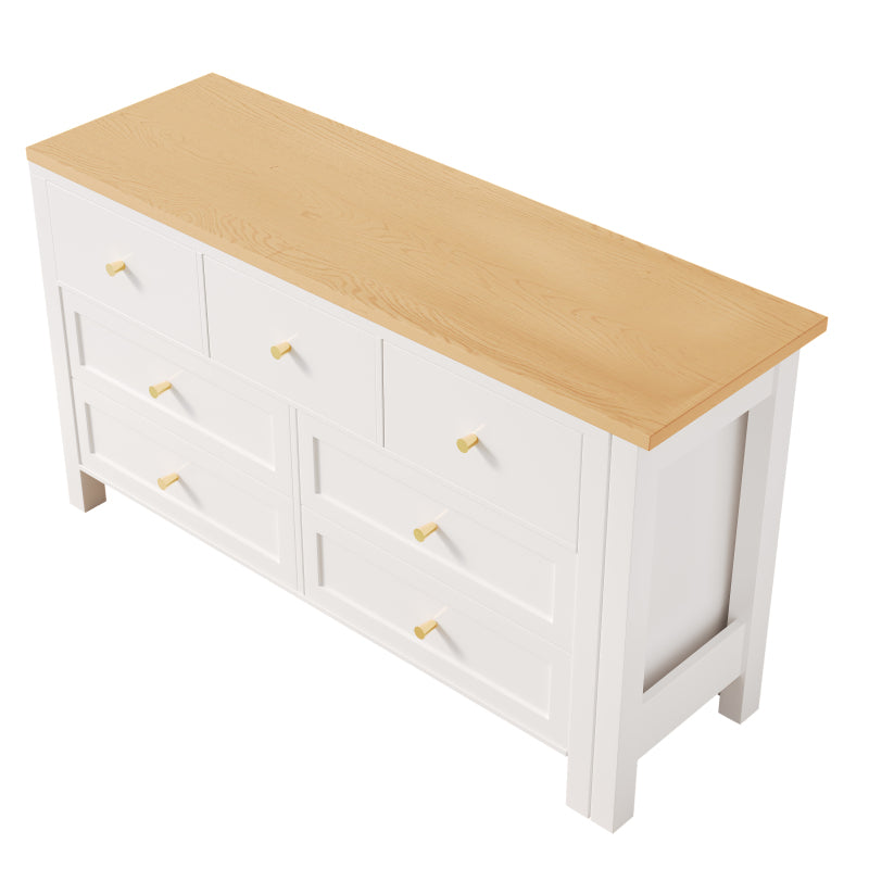 Schreibtisch mit 7-Schubladen Kommode -2-in-1 Dreh Werkbank und Sideboard, Eichenoptik, 360° drehbare Tischplatte, weiß / natur