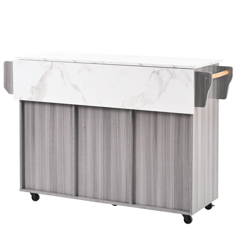 139x46(71)x91.5 cm großer Servierwagen/Beistellschrank, graues Massivholz-Furnier für den Korpus + weiße Marmor-Furnierdekoration für die Arbeitsplatte, Schrank/klappbare Arbeitsfläche/Stauraumtüren/r