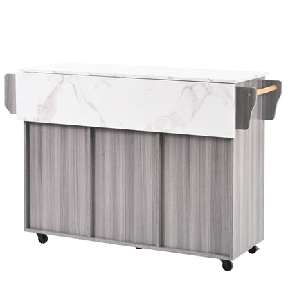 139x46(71)x91.5 cm großer Servierwagen/Beistellschrank, graues Massivholz-Furnier für den Korpus + weiße Marmor-Furnierdekoration für die Arbeitsplatte, Schrank/klappbare Arbeitsfläche/Stauraumtüren/r