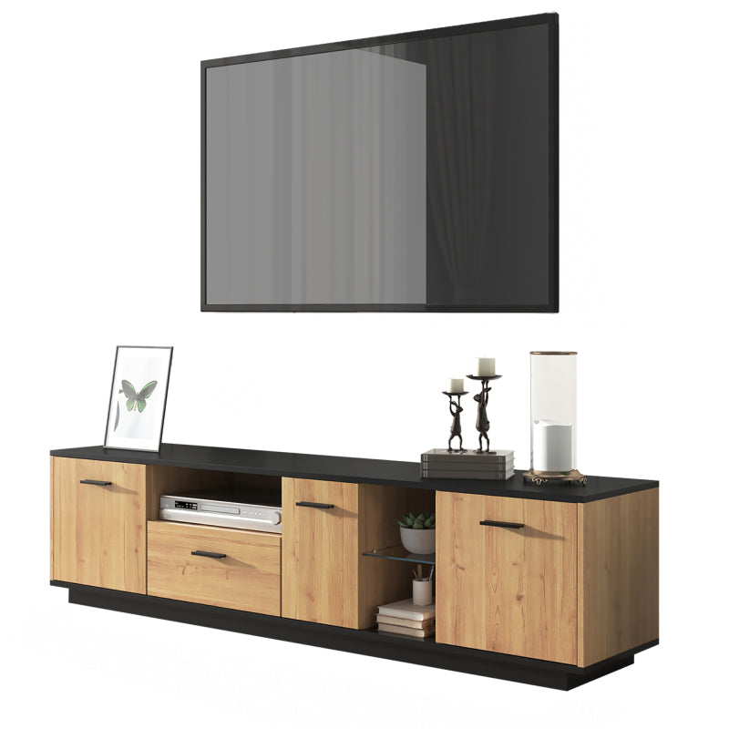 TV-Schrank mit einer Schublade, drei Türen, zwei offene Fächer mit Glas TV-Möbel, TV-Board, TV-Lowboard Feinstruktur. Schwarze und natürliche Holzfarben. 15 variable LED-Leuchten.