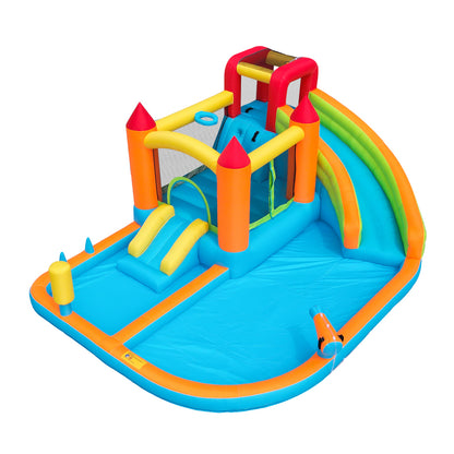 [Multifunktionale Outdoor-Hüpfburg] Mit Gebläse, Wasserrutsche + Trampolin + Basketballkorb + Wasserpistole, 2 Poolbereiche, 1 große und 1 kleine Rutsche, für trockene und nasse Nutzung, ein Wasserpar