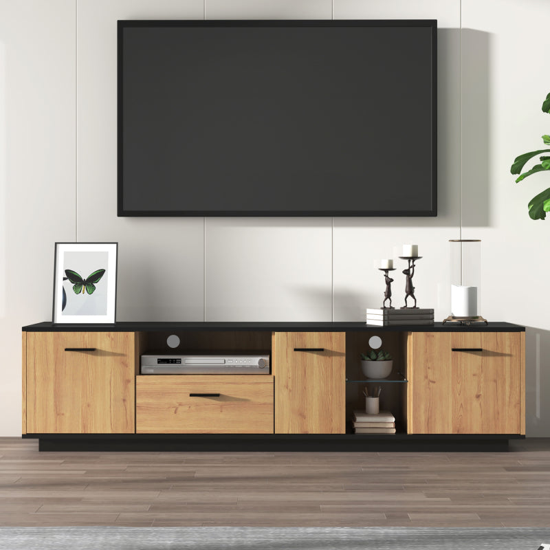 TV-Schrank mit einer Schublade, drei Türen, zwei offene Fächer mit Glas TV-Möbel, TV-Board, TV-Lowboard Feinstruktur. Schwarze und natürliche Holzfarben. 15 variable LED-Leuchten.