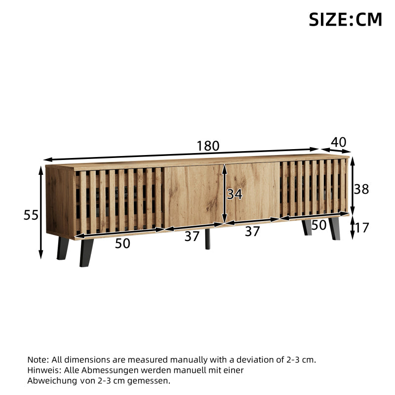 180 x 40 x 55 cm TV-Schrank, Lowboards  in Originalholzfarbe, 8 separate Ablagefächer, TV-Ständer, TV-Konsolen-Entertainment-Center passend für 70-Zoll-Fernseher, geeignet für Wohnzimmer