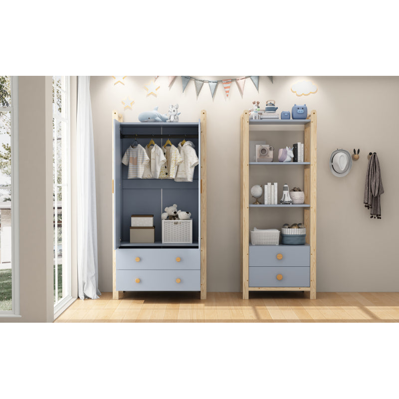 Standregal, 2 Schubladen, 4 Ebenen Bücherregal, Kieferrahmen, Vollholzgriffen, für Wohnzimmer, Schlafzimmer, Bücherzimmer, blau+natürliches Holz
