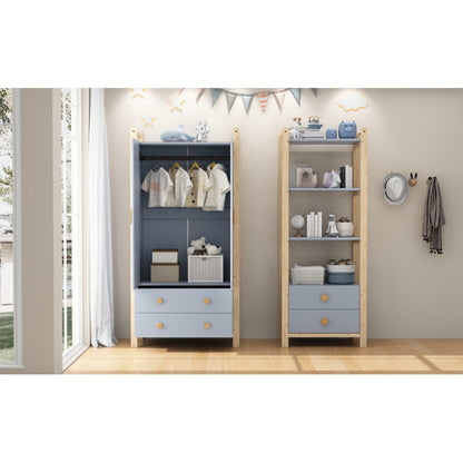 Standregal, 2 Schubladen, 4 Ebenen Bücherregal, Kieferrahmen, Vollholzgriffen, für Wohnzimmer, Schlafzimmer, Bücherzimmer, blau+natürliches Holz