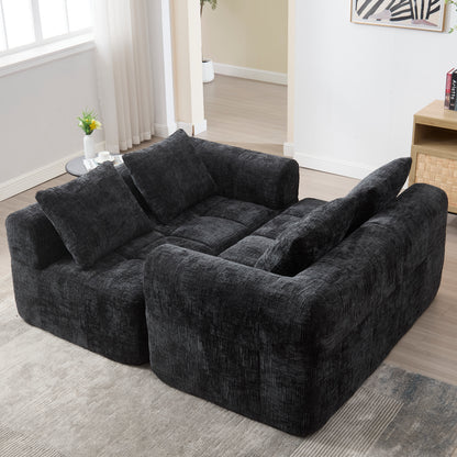 Modernes Sektionssofa, L-Sofa, 3-Sitzer-Sofa, keine Installation erforderlich, Chenille-Sofa mit Chaiselongue und Armlehnen, 3 Kissen, Seitentasche für Fernbedienung, Schwarz