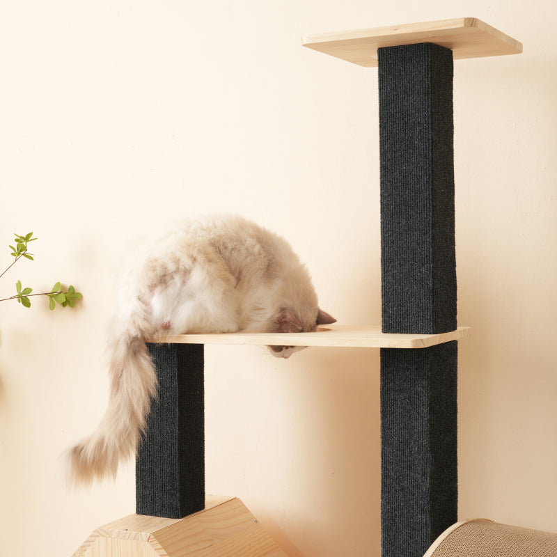 Katzenbaum aus Massivholz mit Laufrad mit 4 Plattformen, 2 Katzenhäusern, Sisalpfosten & waschbaren Kratzmatten, 80×40×152 cm