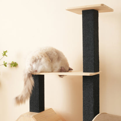 Katzenbaum aus Massivholz mit Laufrad mit 4 Plattformen, 2 Katzenhäusern, Sisalpfosten & waschbaren Kratzmatten, 80×40×152 cm