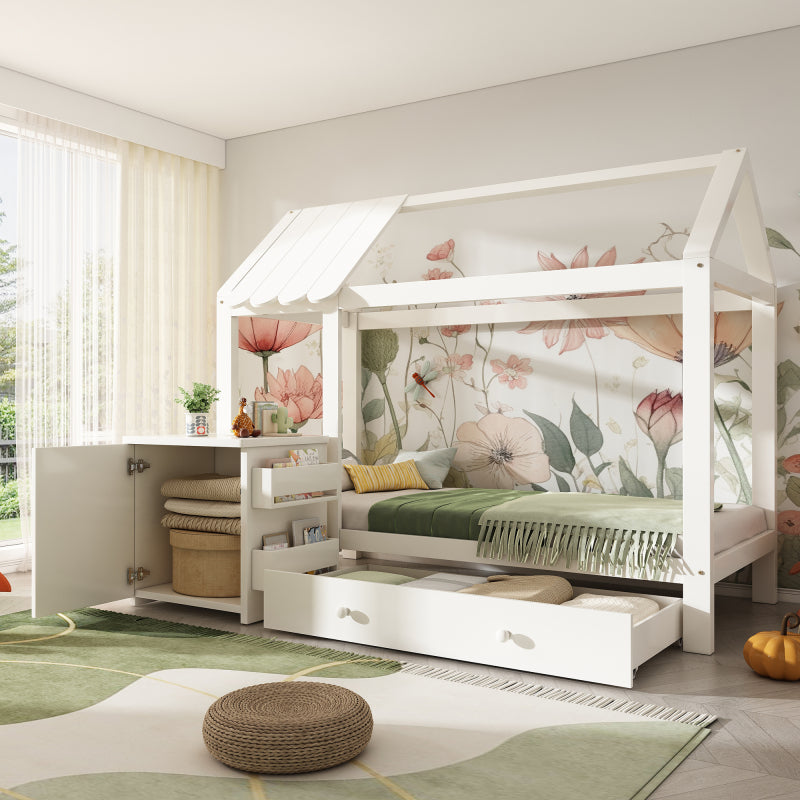 Hausbett Kinderbett 90x200 cm aus Massivholz mit Schubladen & abnehmbarem Nachttisch - Bodenbett in Weiß, ohne Matratze