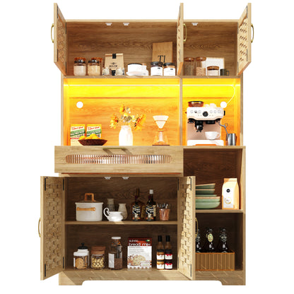 Hochschrank 120x40x180cm Vitrine mit LED-App-Steuerung & Musikmodus, Küchenschrank Natur Holzoptik, MDF-Geflecht & Glastüren