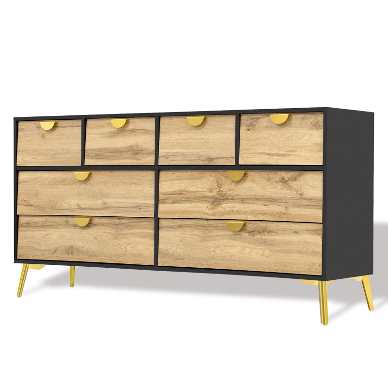 L150*W40*H78cm, Moderne Sideboard mit 8 Schubladen, Schwarz & Holzfarben, Minimalistisches Design, Goldene Metallgriff, Metallfüße, für Wohnzimmer und Esszimmer