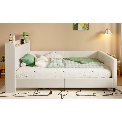 Kinder-Spleißbett, Polsterbett, Tagesbett, Schlafsofa mit Metallbettgestell, Kindernachttisch mit unterer Klapptür, 3 kleine Aufbewahrungstaschen, PU+MDF+Sperrholz, Weiß, 90x200cm